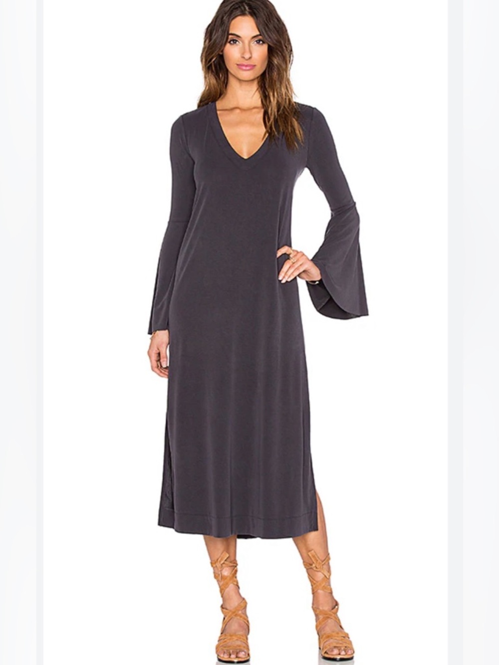 Free People A Fine Romance Charcoal Black V-Neck Bell Sleeve Boho Midi Dress